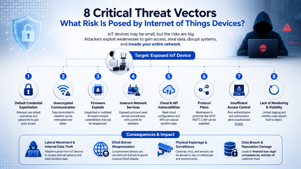 8 critical IoT security threats including default credentials, unencrypted communication, firmware exploits, cloud vulnerabilities, protocol flaws, and lack of monitoring