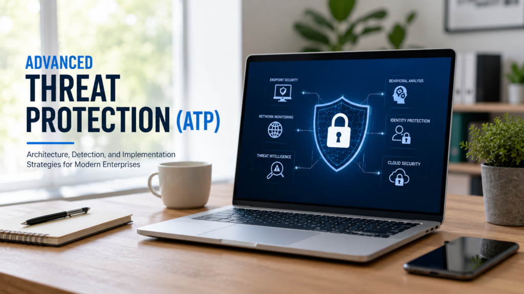 Advanced Threat Protection cybersecurity architecture with laptop security dashboard