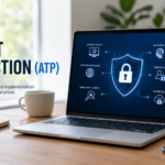 Advanced Threat Protection cybersecurity architecture with laptop security dashboard