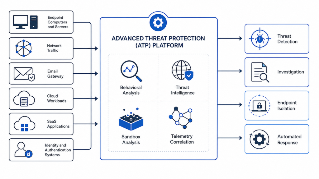Enterprise security architecture showing ATP telemetry from endpoints, networks, cloud, email, SaaS, and identity systems