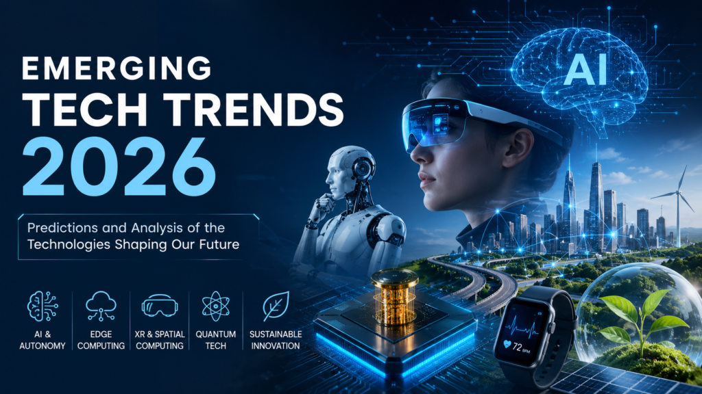 A futuristic digital network and smart city illustrating emerging tech trends 2026 predictions and analysis, featuring Agentic AI and edge computing nodes.