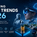A futuristic digital network and smart city illustrating emerging tech trends 2026 predictions and analysis, featuring Agentic AI and edge computing nodes.