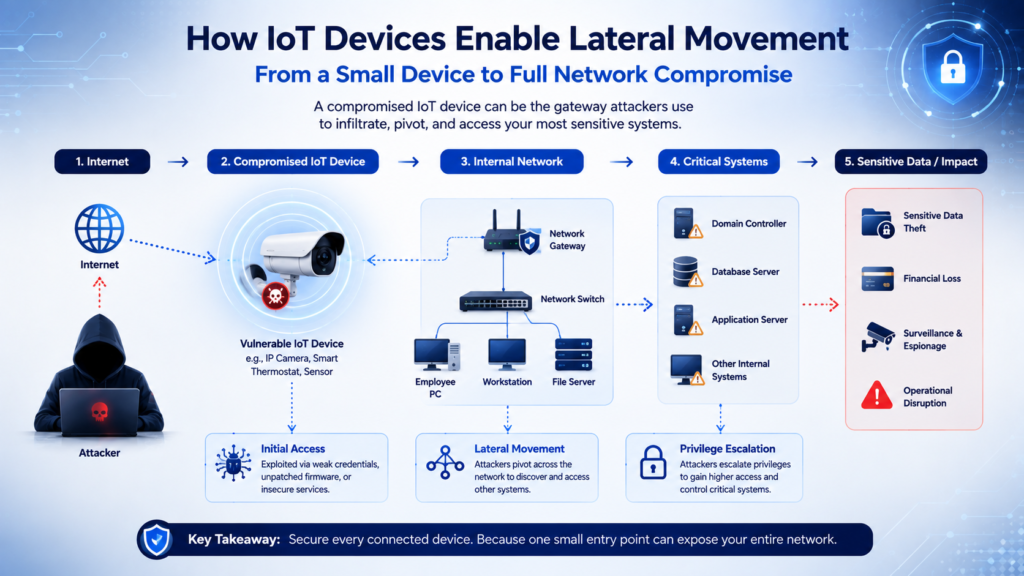 Diagram showing how a compromised IoT device can provide attackers access to internal networks, critical systems, and sensitive data