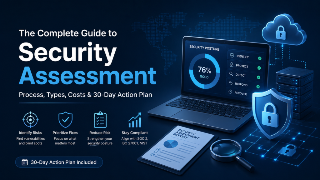 Security assessment checklist showing cybersecurity risk, cloud security, and threat monitoring