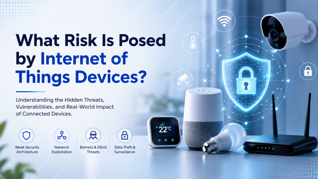 Graphic illustrating what risk is posed by internet of things devices, showing a digital breach among connected smart gadgets.