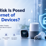 Graphic illustrating what risk is posed by internet of things devices, showing a digital breach among connected smart gadgets.