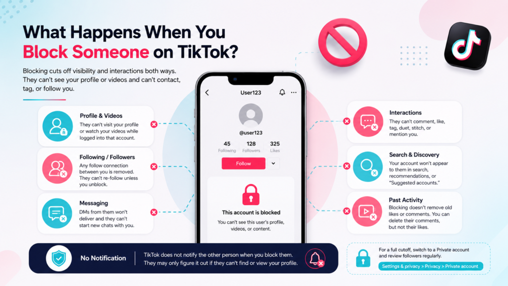 How blocking someone on TikTok affects their profile, messages, followers, and interactions