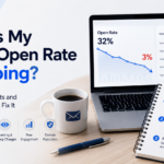 Why Is My Email Open Rate Dropping? showing a declining email open rate from 32% to 3% and common deliverability issues