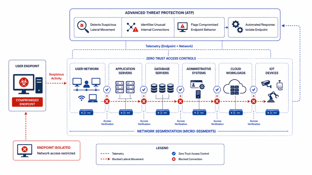 Zero Trust network segmentation limiting lateral movement from a compromised endpoint