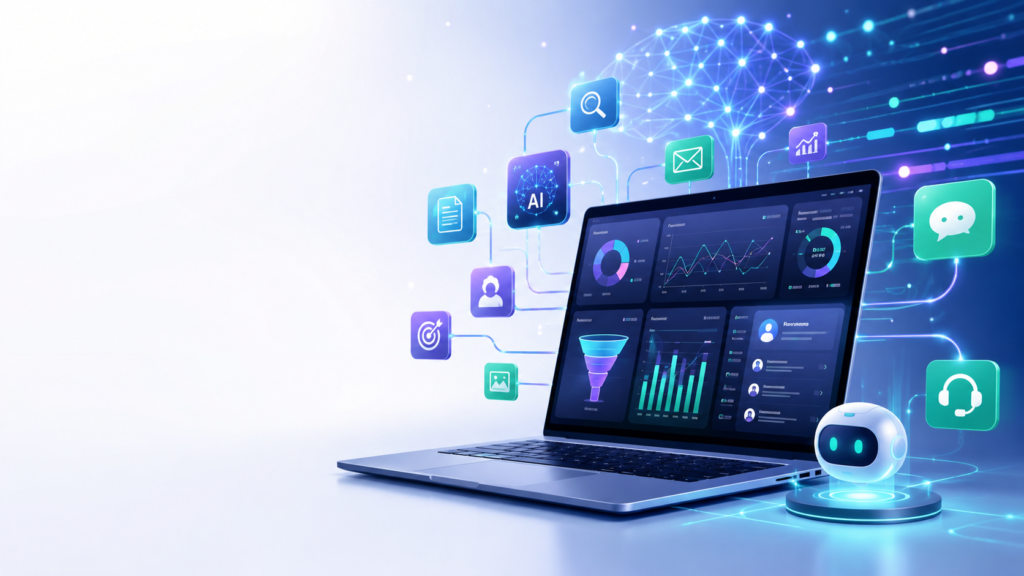 Illustration showing the best AI marketing tools for SaaS, including dashboards, analytics, and automation icons connected in a digital growth stack