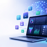 Illustration showing the best AI marketing tools for SaaS, including dashboards, analytics, and automation icons connected in a digital growth stack