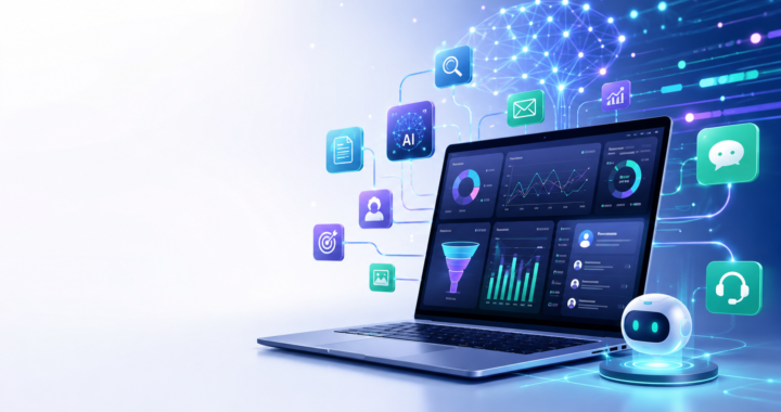 Illustration showing the best AI marketing tools for SaaS, including dashboards, analytics, and automation icons connected in a digital growth stack