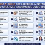 An infographic overview of the best ai tools for facebook instagram ad creatives ecommerce brands use in 2026, showing categories for UGC video, static ads, analytics, and competitor research.