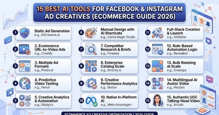 An infographic overview of the best ai tools for facebook instagram ad creatives ecommerce brands use in 2026, showing categories for UGC video, static ads, analytics, and competitor research.