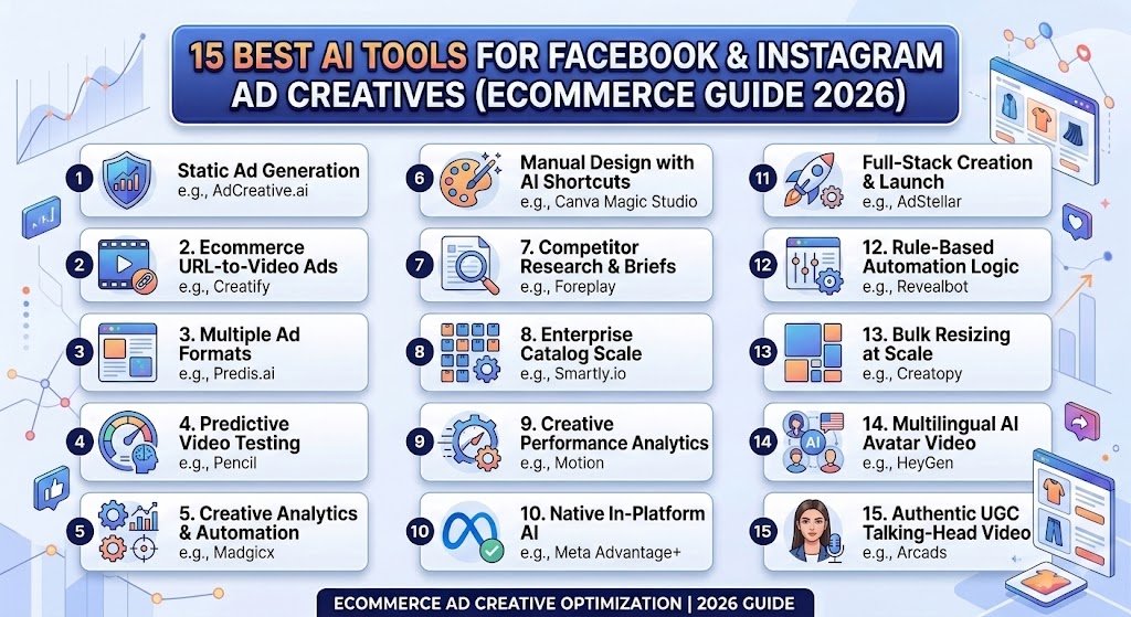 An infographic overview of the best ai tools for facebook instagram ad creatives ecommerce brands use in 2026, showing categories for UGC video, static ads, analytics, and competitor research.