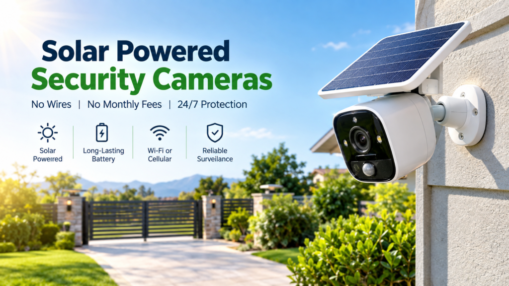 Wire-free solar powered security camera mounted outdoors with integrated monocrystalline solar panel