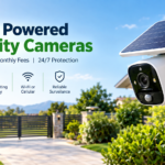 Wire-free solar powered security camera mounted outdoors with integrated monocrystalline solar panel