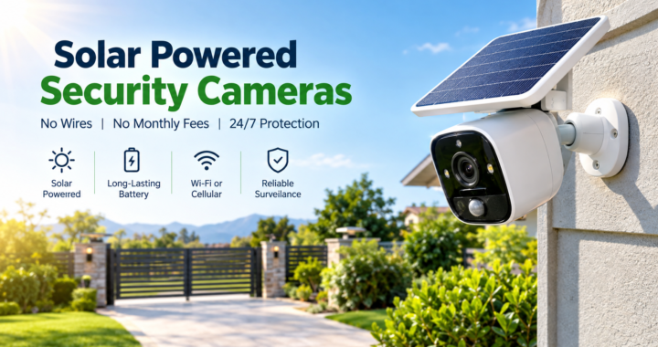Wire-free solar powered security camera mounted outdoors with integrated monocrystalline solar panel