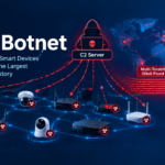 Diagram illustrating how the Mirai botnet scans vulnerable IoT devices and launches distributed denial of service attacks.