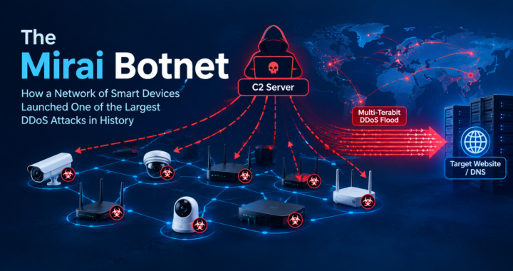 Diagram illustrating how the Mirai botnet scans vulnerable IoT devices and launches distributed denial of service attacks.