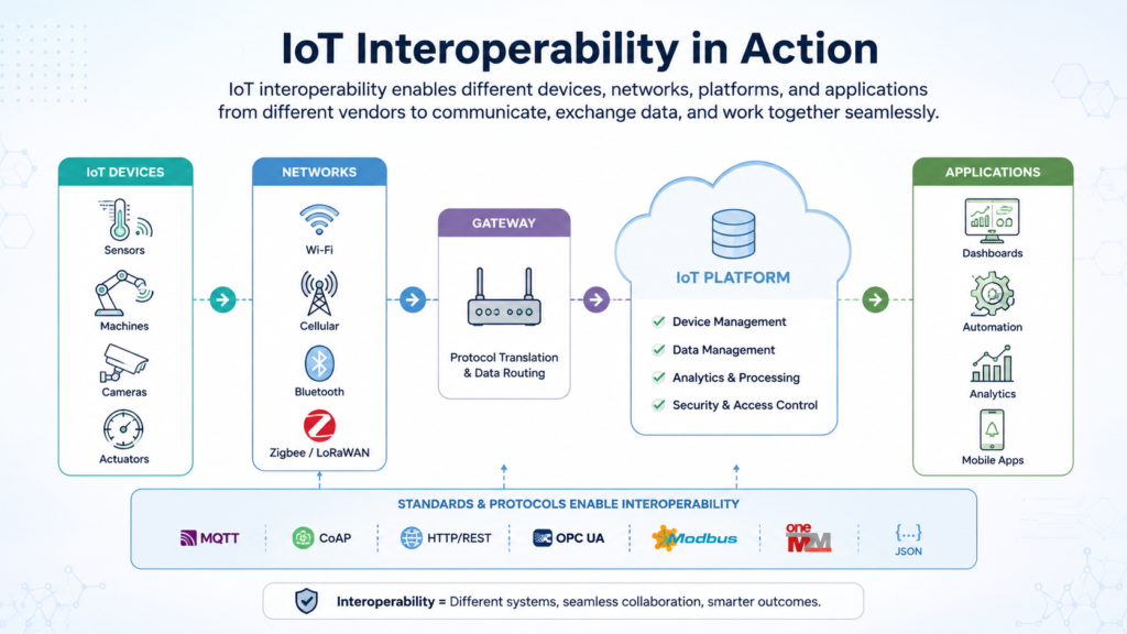 IoT interoperability diagram showing devices, networks, gateways, IoT platforms, and applications working together