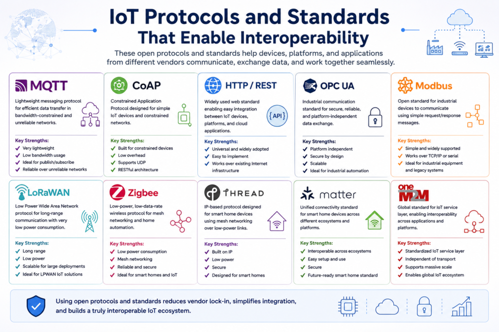 IoT protocols and standards including MQTT, CoAP, HTTP REST, OPC UA, Modbus, LoRaWAN, Zigbee, Matter, and oneM2M