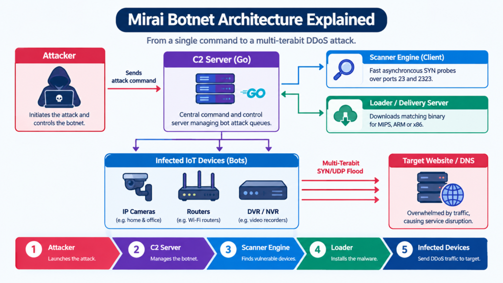Mirai botnet architecture showing infected IoT devices and C2 server
