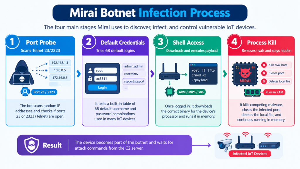 Four stages of the Mirai botnet infection process