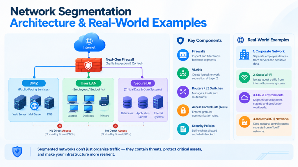 Three-tier network segmentation architecture diagram showing isolated web, application, and database zones