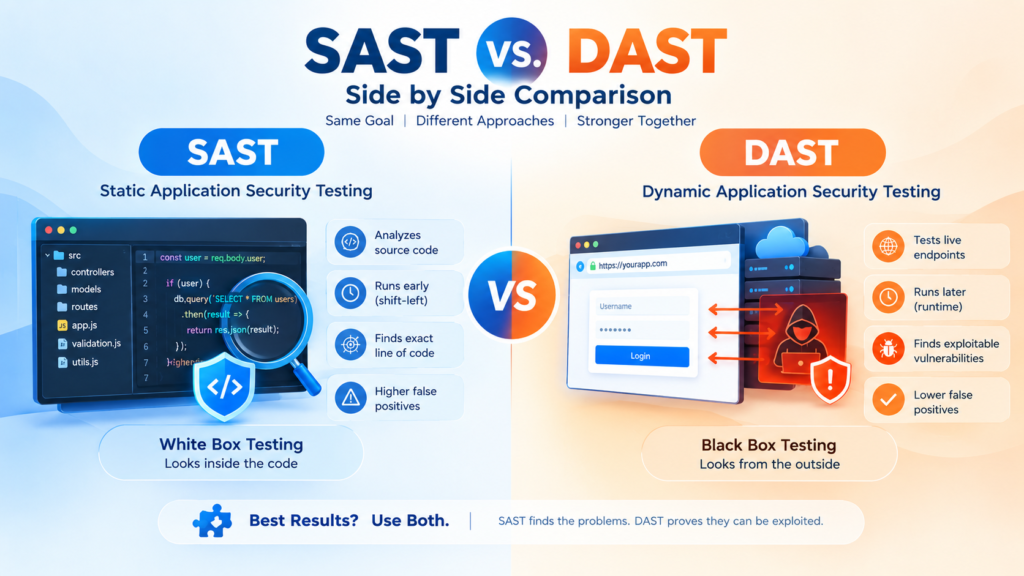 SAST vs DAST side by side comparison of static and dynamic security testing