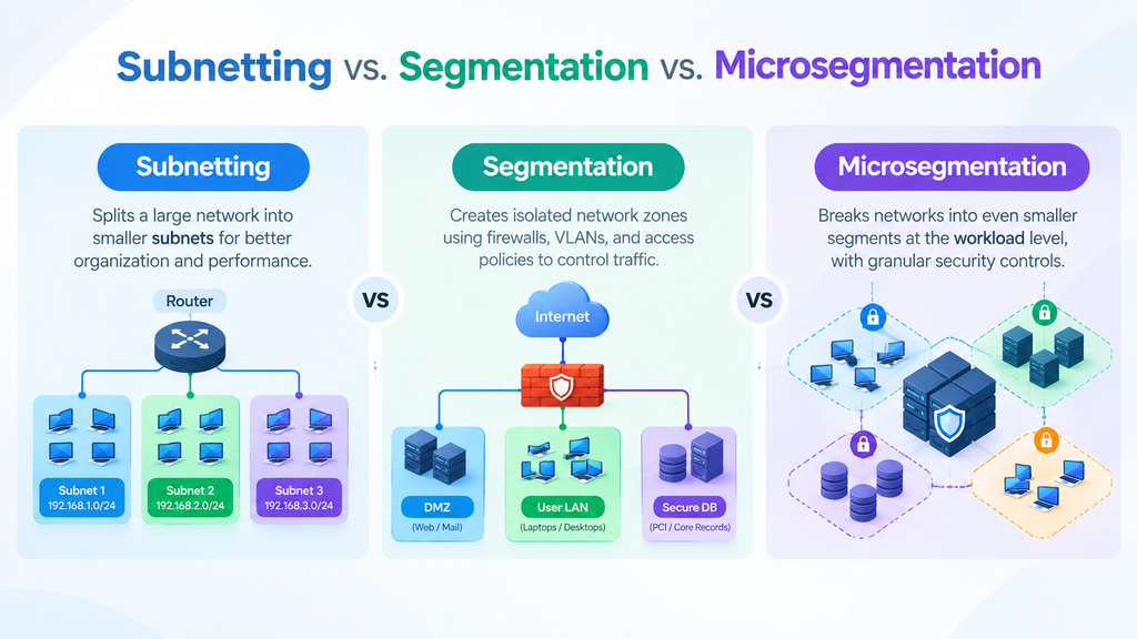 Diagram comparing IP subnetting routing, network segmentation firewalls, and zero-trust microsegmentation workloads