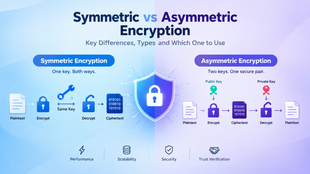 Symmetric vs asymmetric encryption comparison showing secret key and public private key cryptographic models