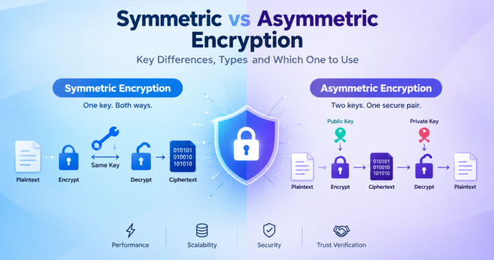 Symmetric vs asymmetric encryption comparison showing secret key and public private key cryptographic models
