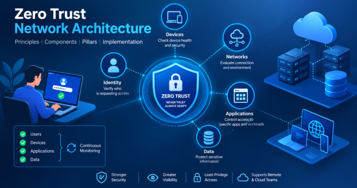 Zero trust network architecture showing users, devices, applications, and data