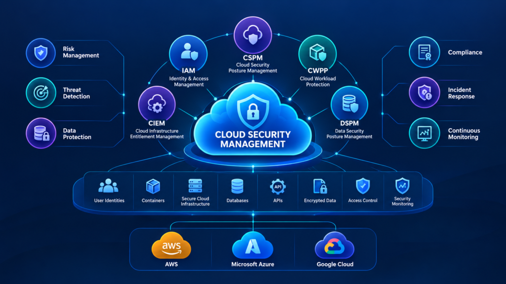Cloud Security Management framework showing IAM, CSPM, CWPP, CIEM, DSPM, and cloud platforms