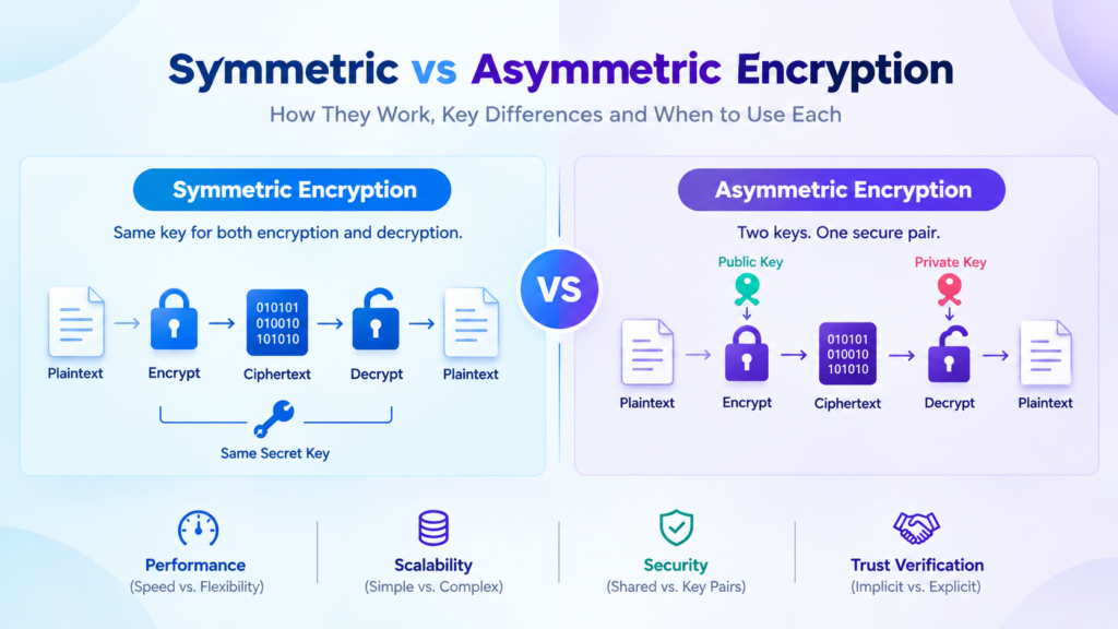 Technical workflow diagram illustrating how symmetric vs asymmetric encryption processes plaintext into ciphertext