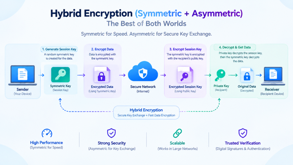 Workflow diagram showing how symmetric vs asymmetric encryption work together in a TLS 1.3 handshake