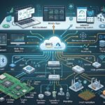 Enterprise IoT development services architecture diagram showing custom hardware PCB, connectivity protocols, cloud infrastructure, and mobile application dashboards