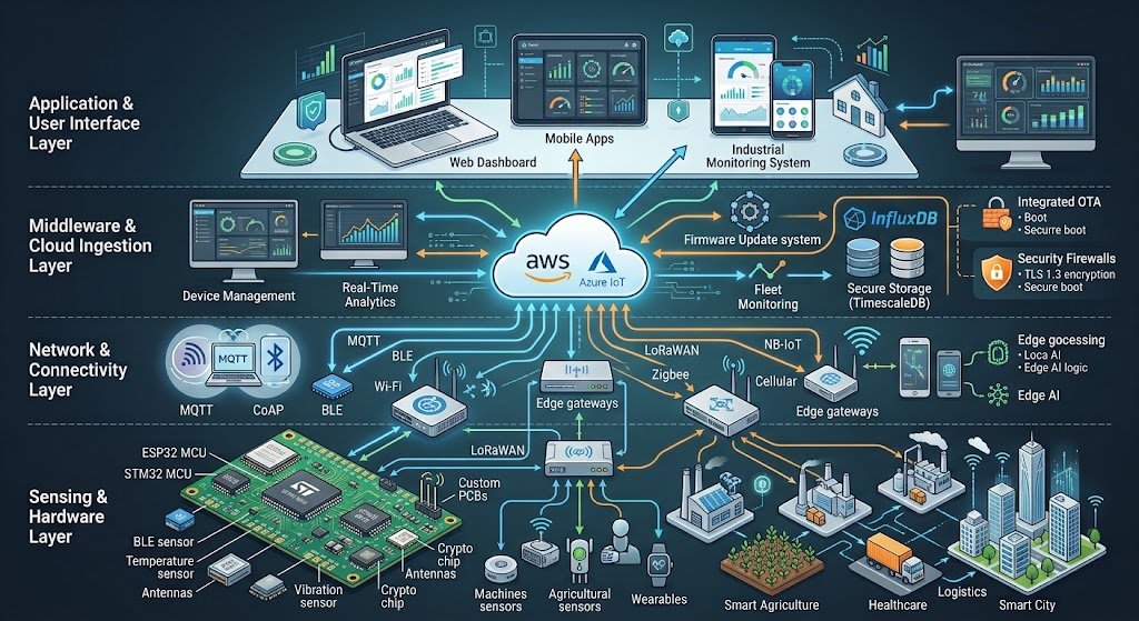 Enterprise IoT development services architecture diagram showing custom hardware PCB, connectivity protocols, cloud infrastructure, and mobile application dashboards