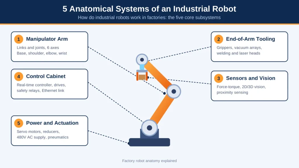 Five main industrial robot components including manipulator arm, tooling, sensors, controller, and power system