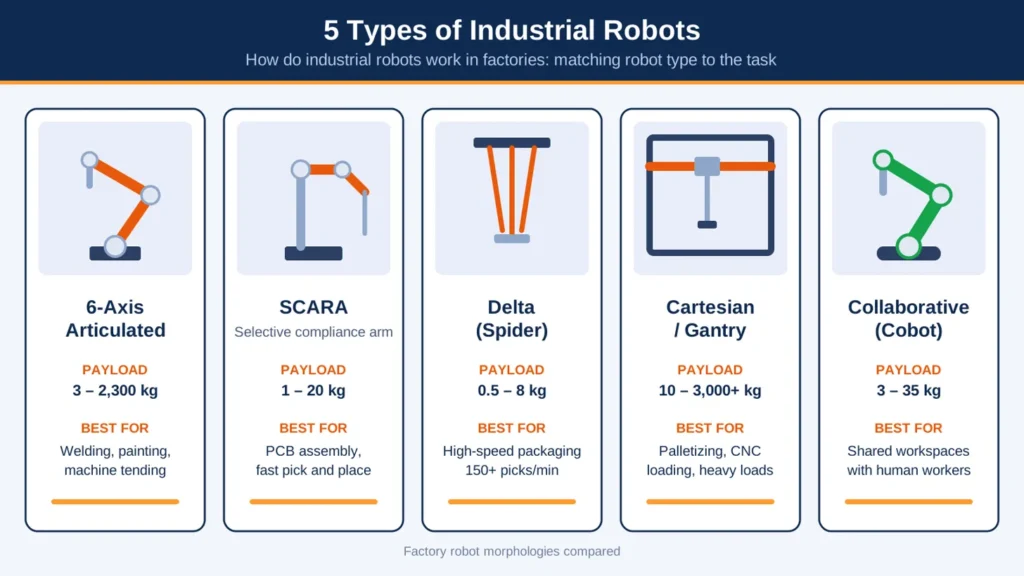 Five types of industrial robots including articulated, SCARA, delta, Cartesian, and collaborative robots