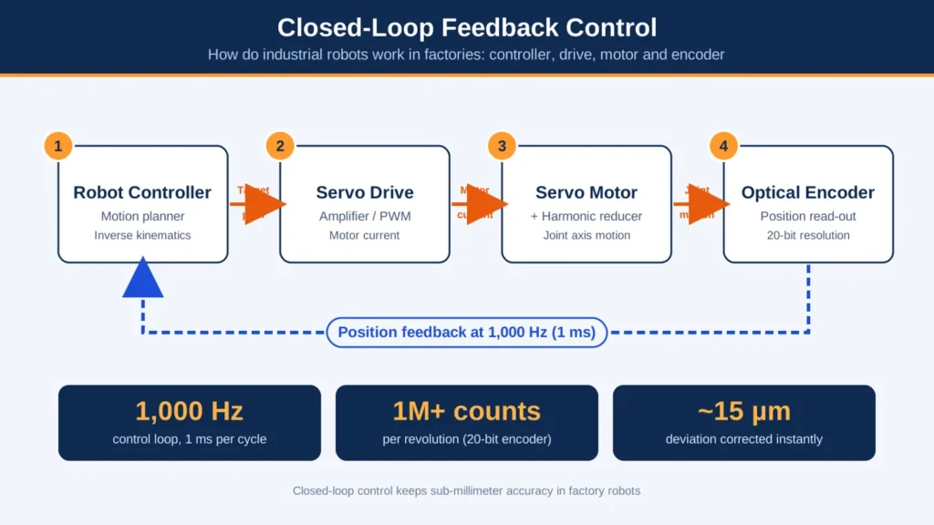 Industrial robot controller, servo drive, motor, and encoder feedback system