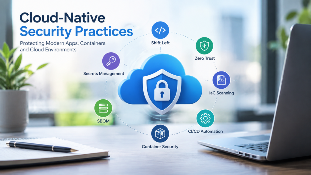 Shield protecting containers, a Kubernetes cluster and cloud layers, illustrating cloud-native security practices