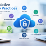 Shield protecting containers, a Kubernetes cluster and cloud layers, illustrating cloud-native security practices