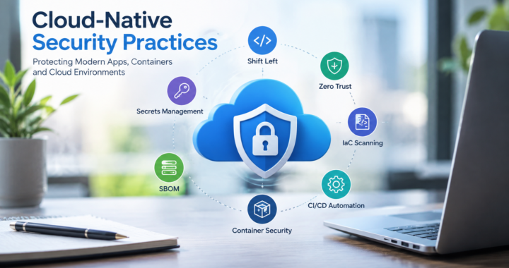 Shield protecting containers, a Kubernetes cluster and cloud layers, illustrating cloud-native security practices