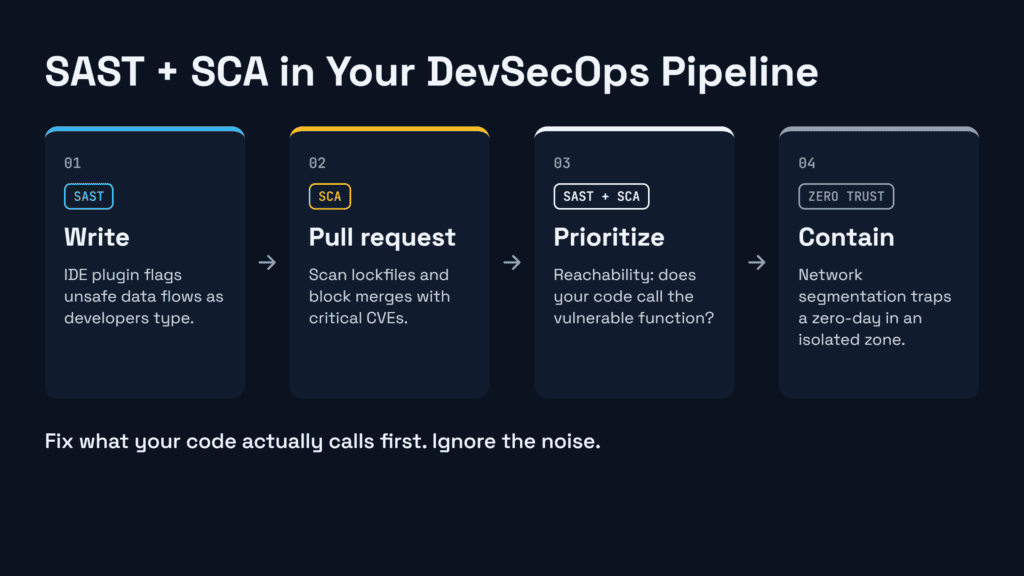 Four-step DevSecOps pipeline showing SAST in the IDE, SCA on pull requests, reachability analysis and Zero Trust network segmentation