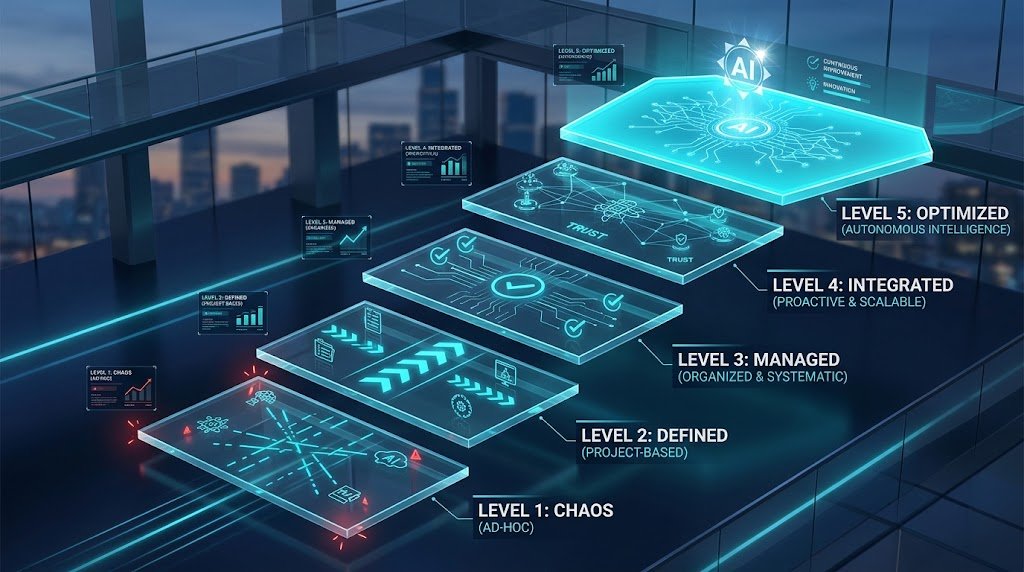 5-stage staircase maturity model for enterprise AI governance from ad-hoc chaos to optimized autonomous intelligence