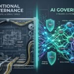 Visual comparison of deterministic traditional IT governance server infrastructure versus probabilistic AI governance neural network shields