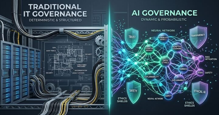 Visual comparison of deterministic traditional IT governance server infrastructure versus probabilistic AI governance neural network shields