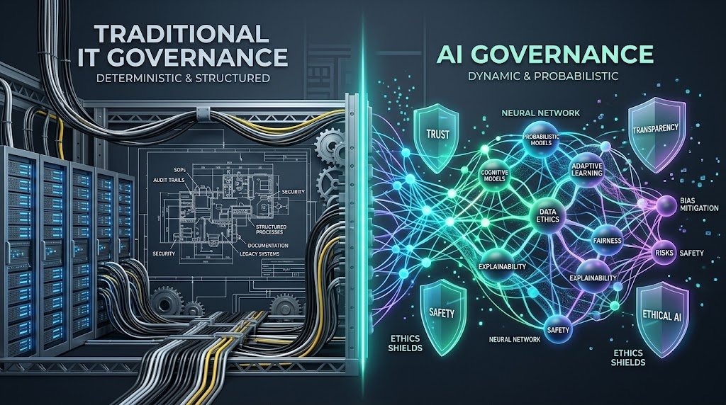 Visual comparison of deterministic traditional IT governance server infrastructure versus probabilistic AI governance neural network shields